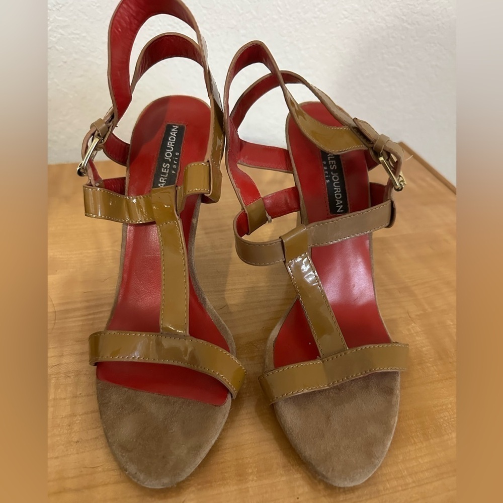 Charles Jourdan Tan and Red Heels Elegant Strappy Design - Size 8